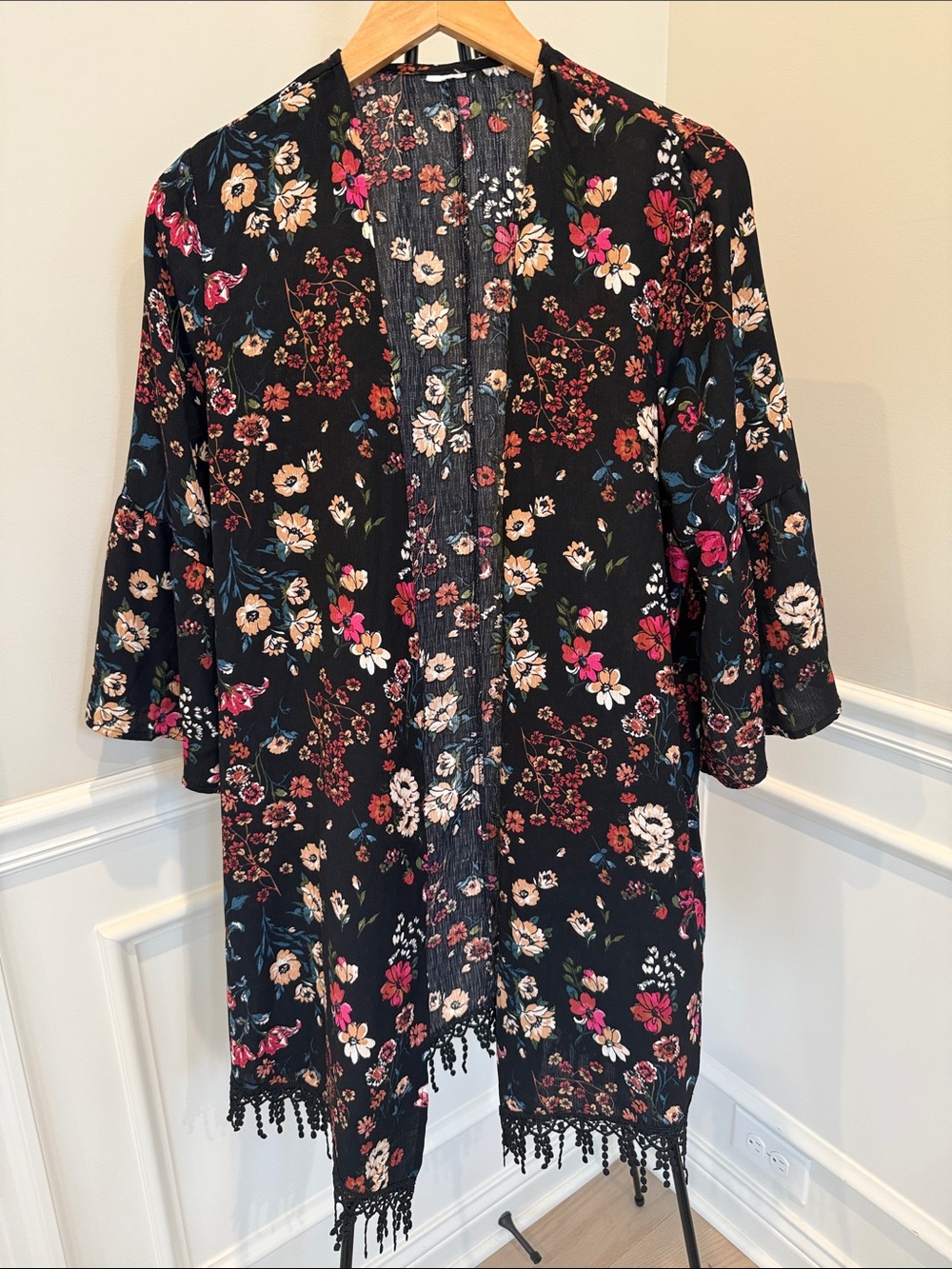 Floral Black Open Swim cover-up with Tassel Hem